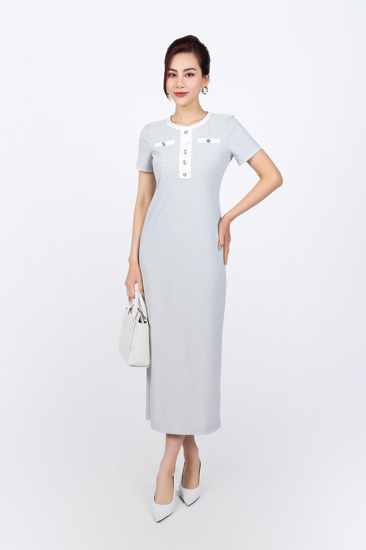 FDC35028 - Đầm công sở vải len dáng ôm cổ tròn tay ngắn thân áo đính khuy tạo kiểu - PANTIO