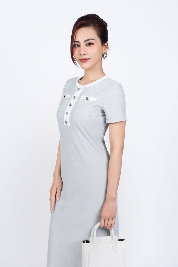 FDC35028 - Đầm công sở vải len dáng ôm cổ tròn tay ngắn thân áo đính khuy tạo kiểu - PANTIO