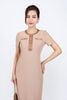 FDC35028 - Đầm công sở vải len dáng ôm cổ tròn tay ngắn thân áo đính khuy tạo kiểu - PANTIO