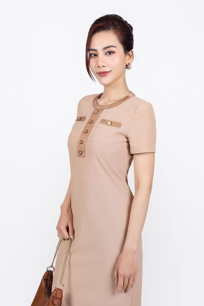 FDC35028 - Đầm công sở vải len dáng ôm cổ tròn tay ngắn thân áo đính khuy tạo kiểu - PANTIO