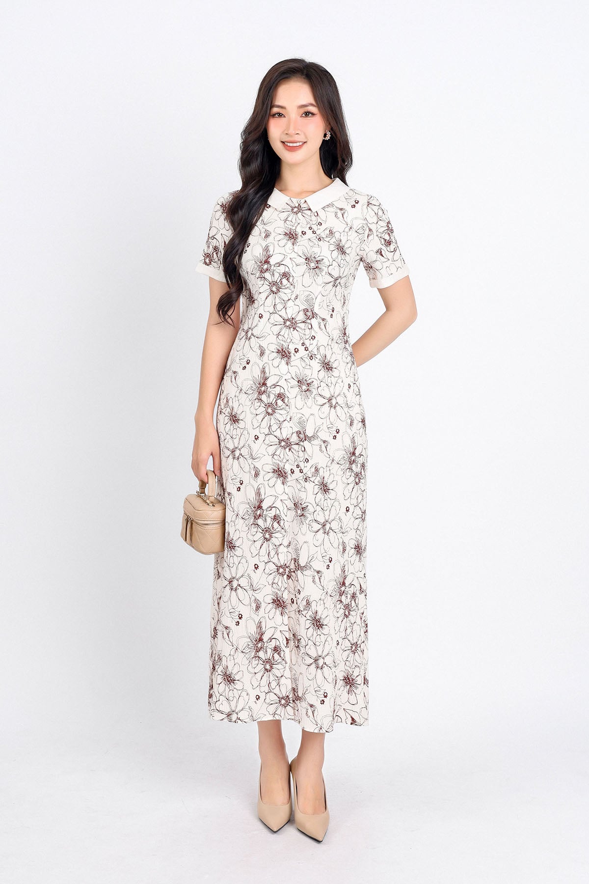 FDC35030 - Đầm công sở vải lụa dập ly dáng suông dài cổ tròn khối khuy trang trí khoá thân sau - PANTIO