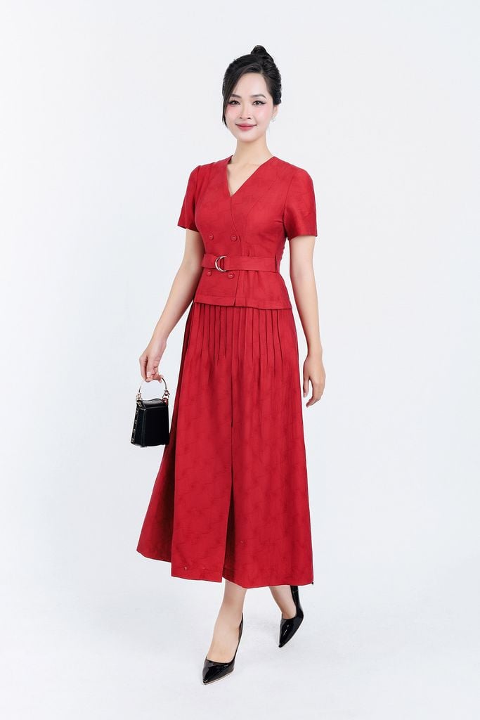 FDC35033 - Đầm công sở vải thô mỏng hai lớp lót habutai dáng xoè cổ xẻ chữ V thân váy xếp ly gân tạo kiểu kèm đai lưng trang trí - PANTIO