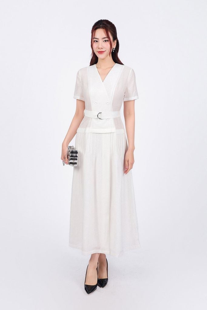 FDC35033 - Đầm công sở vải thô mỏng hai lớp lót habutai dáng xoè cổ xẻ chữ V thân váy xếp ly gân tạo kiểu kèm đai lưng trang trí - PANTIO