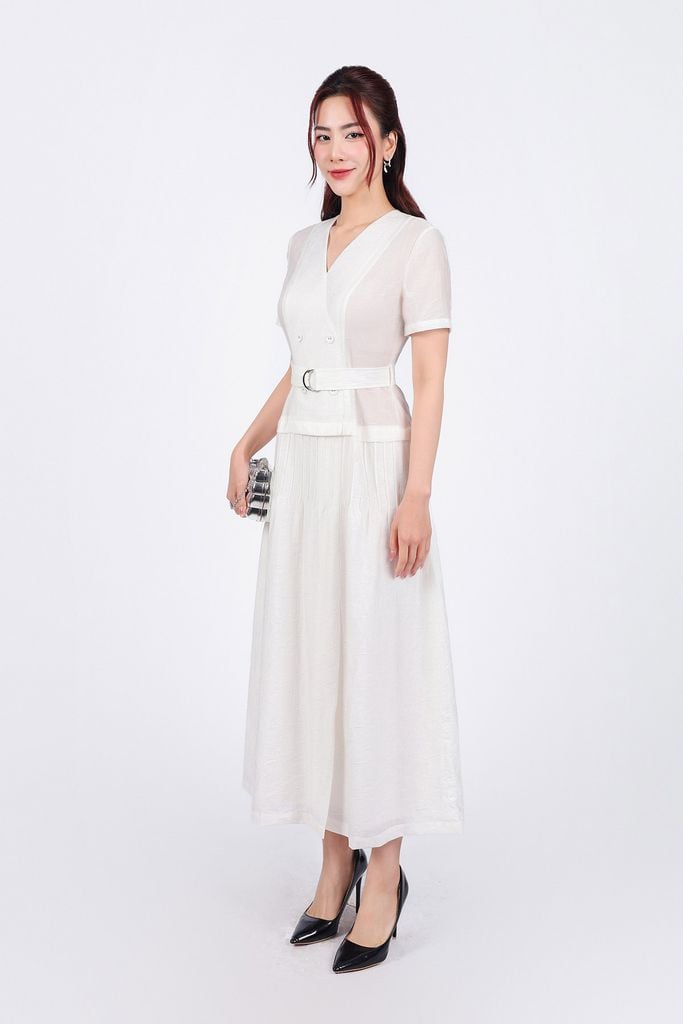 FDC35033 - Đầm công sở vải thô mỏng hai lớp lót habutai dáng xoè cổ xẻ chữ V thân váy xếp ly gân tạo kiểu kèm đai lưng trang trí - PANTIO