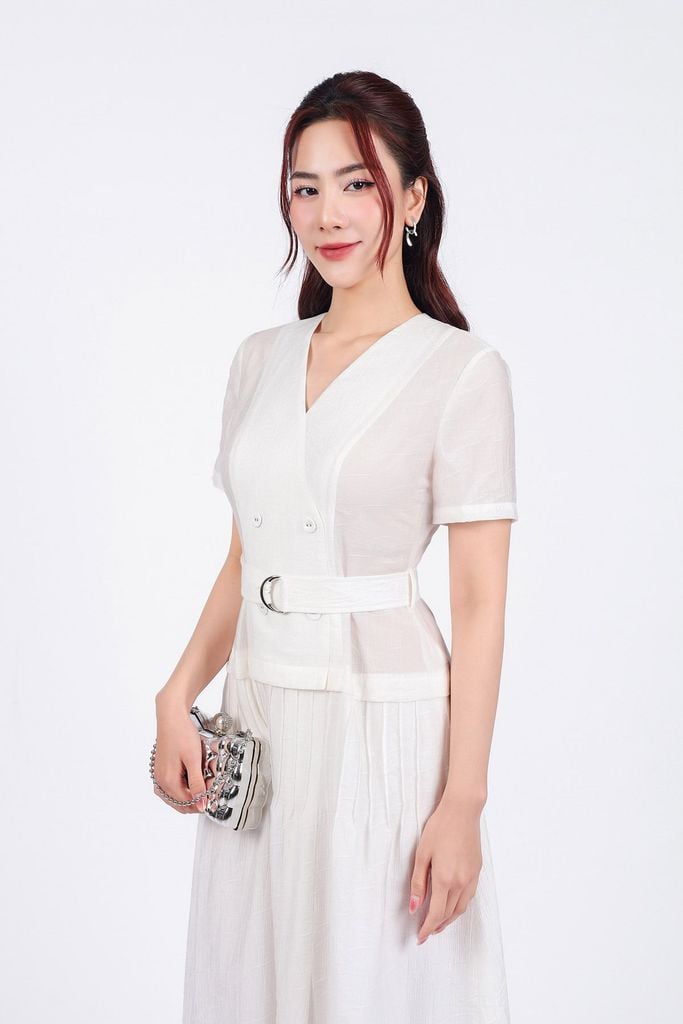 FDC35033 - Đầm công sở vải thô mỏng hai lớp lót habutai dáng xoè cổ xẻ chữ V thân váy xếp ly gân tạo kiểu kèm đai lưng trang trí - PANTIO