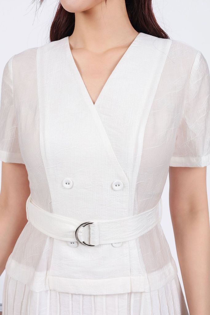 FDC35033 - Đầm công sở vải thô mỏng hai lớp lót habutai dáng xoè cổ xẻ chữ V thân váy xếp ly gân tạo kiểu kèm đai lưng trang trí - PANTIO