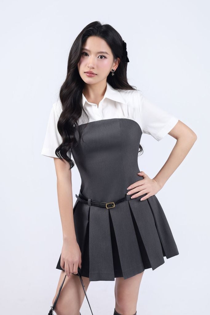 FDC35139 - Đầm vải thô dáng xòe cổ đức, chân váy xòe, phối vải thô trắng, tay cộc, dún ly vai tạo kiểu - JAN.