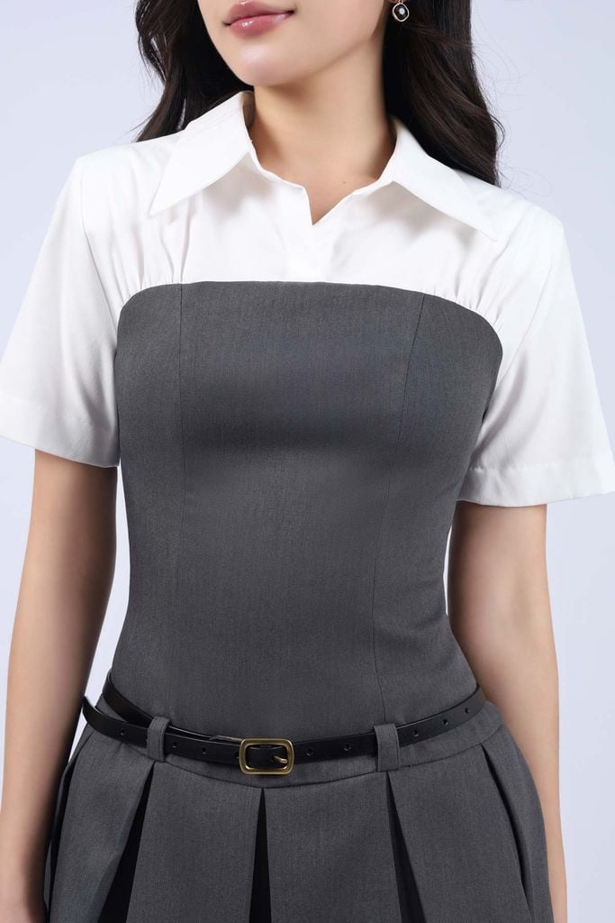 FDC35139 - Đầm vải thô dáng xòe cổ đức, chân váy xòe, phối vải thô trắng, tay cộc, dún ly vai tạo kiểu - JAN.