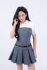 FDC35139 - Đầm vải thô dáng xòe cổ đức, chân váy xòe, phối vải thô trắng, tay cộc, dún ly vai tạo kiểu - JAN.