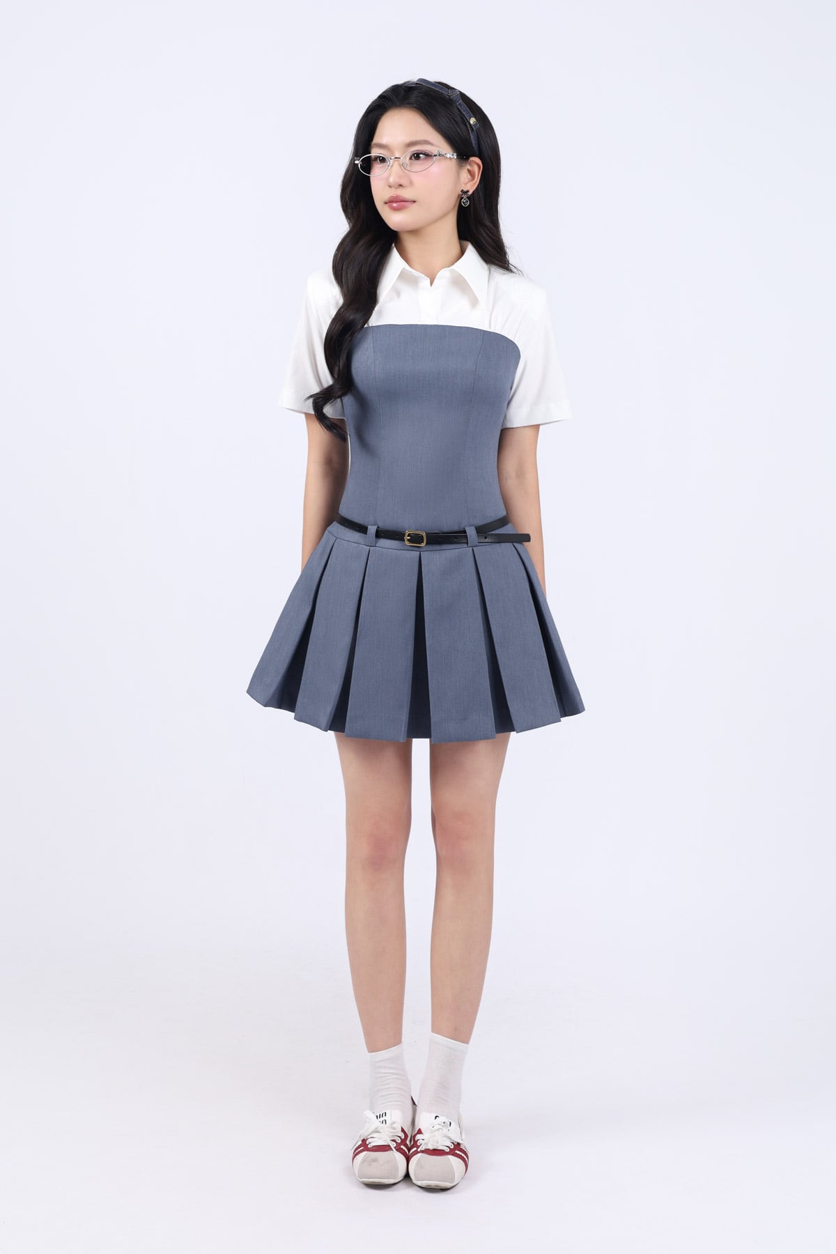 FDC35139 - Đầm vải thô dáng xòe cổ đức, chân váy xòe, phối vải thô trắng, tay cộc, dún ly vai tạo kiểu - JAN.