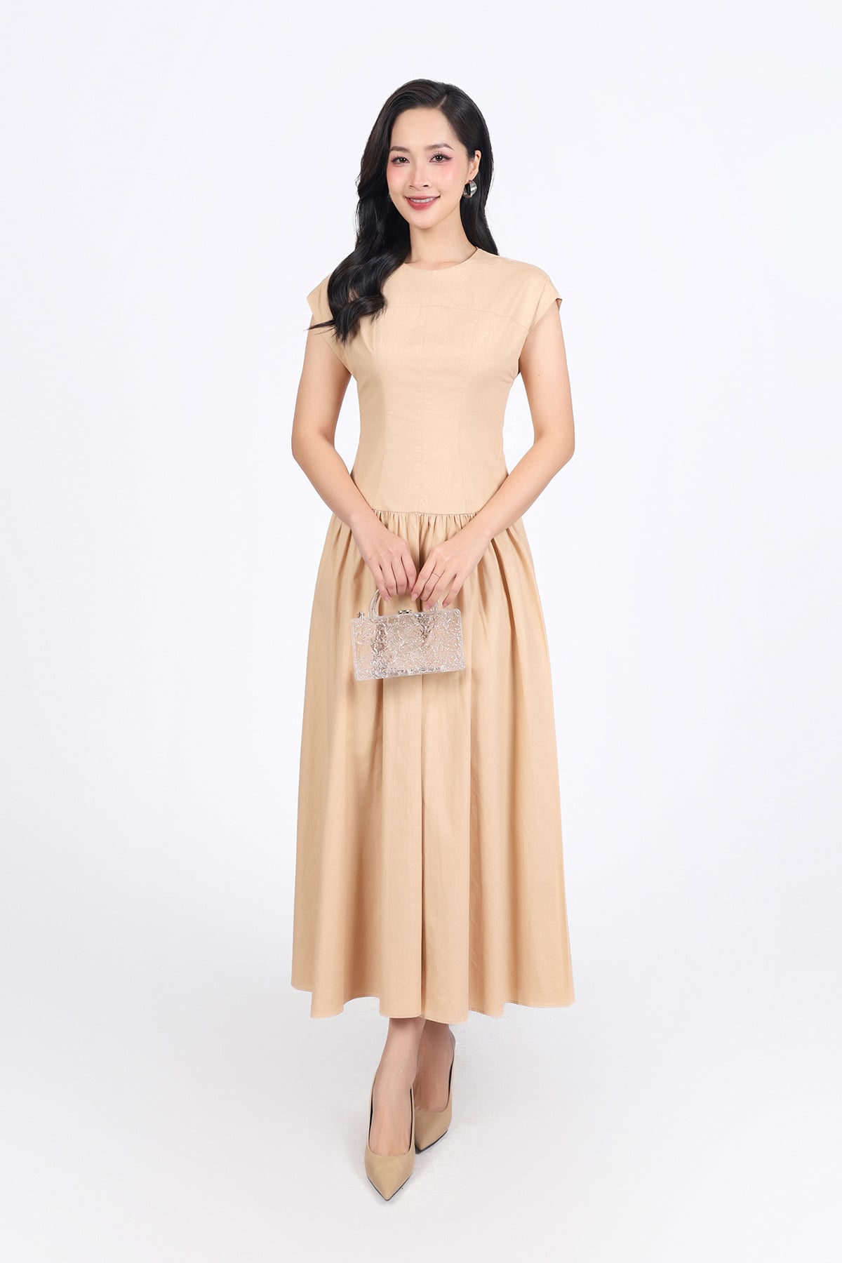 FDC35140 - Đầm công sở vải thô kate dáng A cổ tròn vai chờm thân váy xếp nhún tạo xoè khóa thân sau - PANTIO