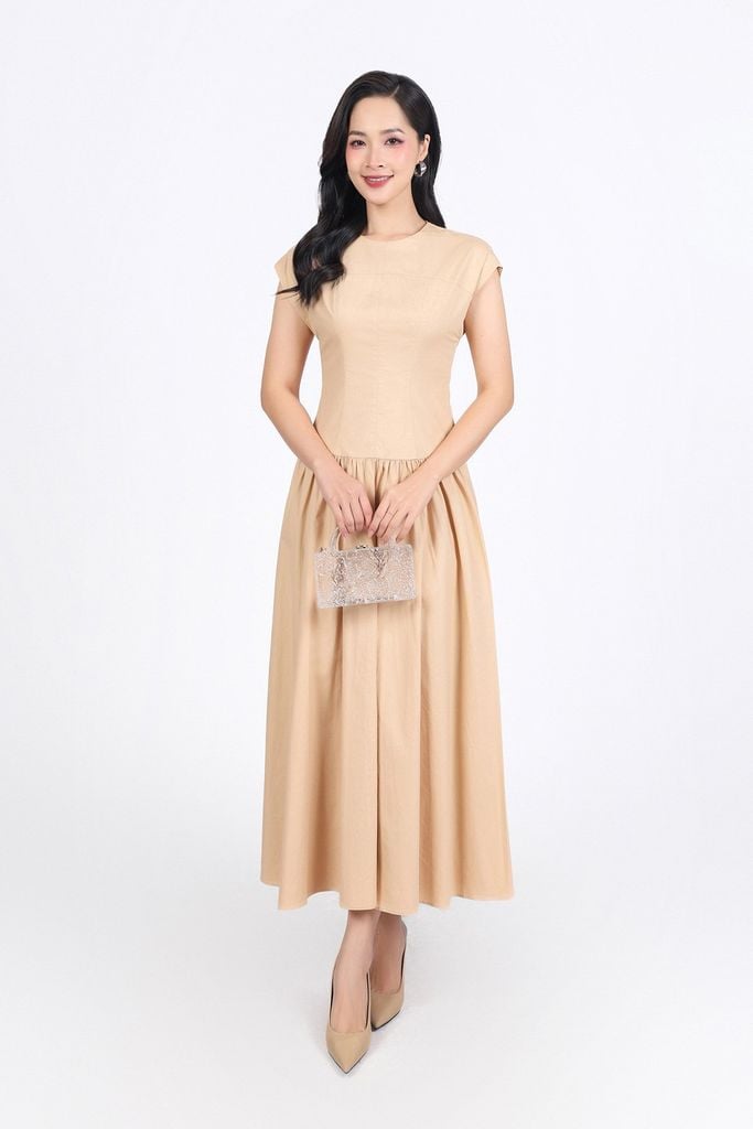 FDC35140 - Đầm công sở vải thô kate dáng A cổ tròn vai chờm thân váy xếp nhún tạo xoè khóa thân sau - PANTIO