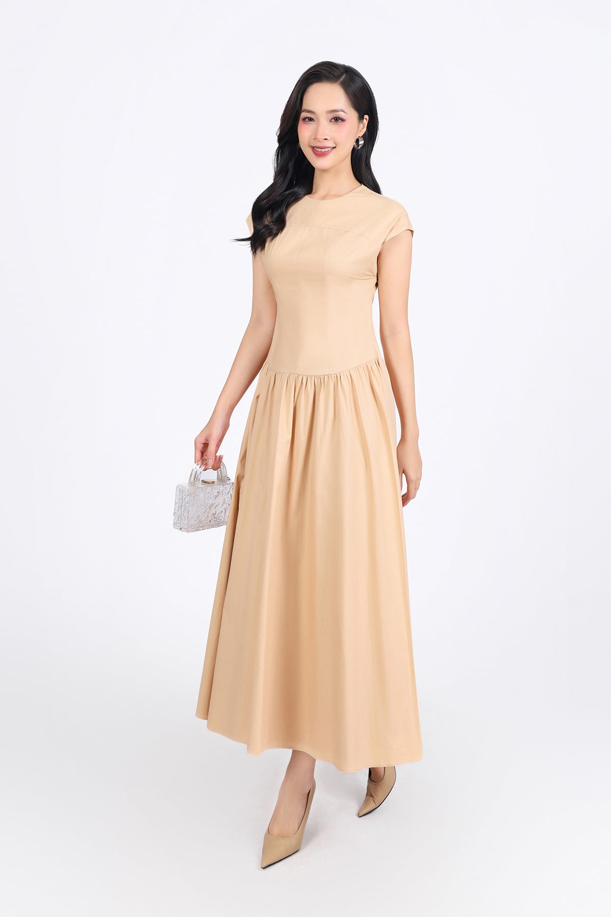 FDC35140 - Đầm công sở vải thô kate dáng A cổ tròn vai chờm thân váy xếp nhún tạo xoè khóa thân sau - PANTIO