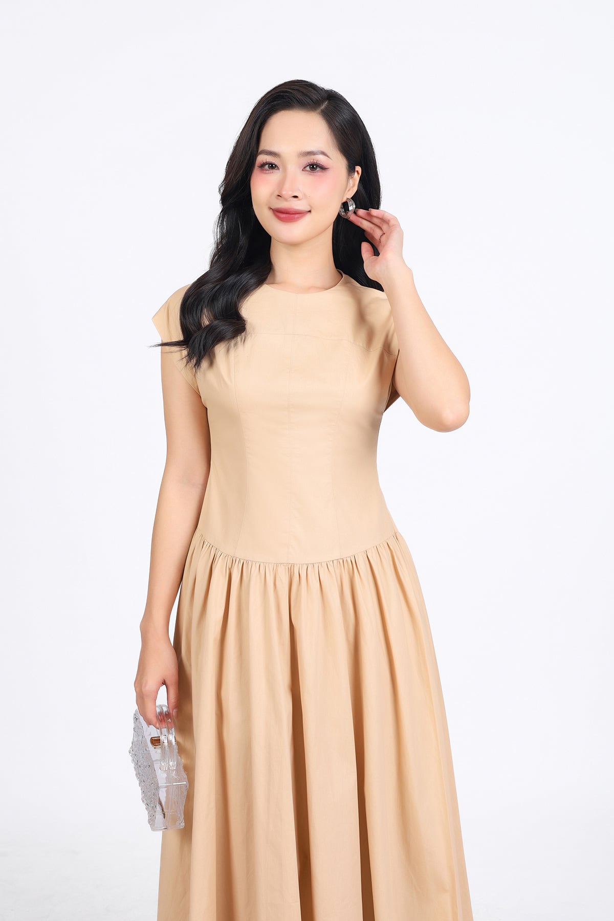 FDC35140 - Đầm công sở vải thô kate dáng A cổ tròn vai chờm thân váy xếp nhún tạo xoè khóa thân sau - PANTIO