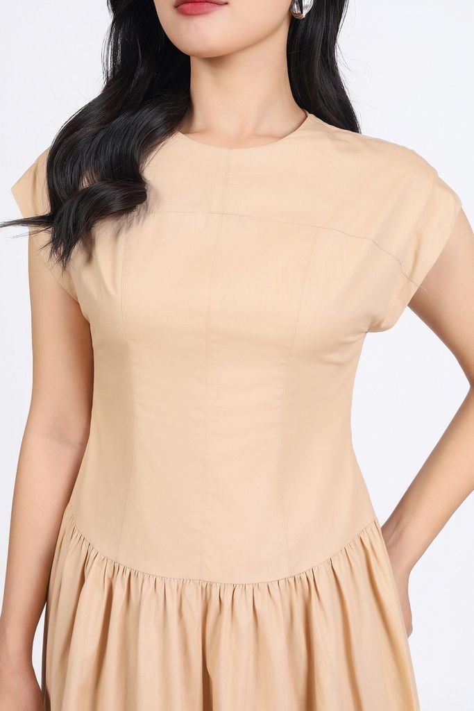 FDC35140 - Đầm công sở vải thô kate dáng A cổ tròn vai chờm thân váy xếp nhún tạo xoè khóa thân sau - PANTIO