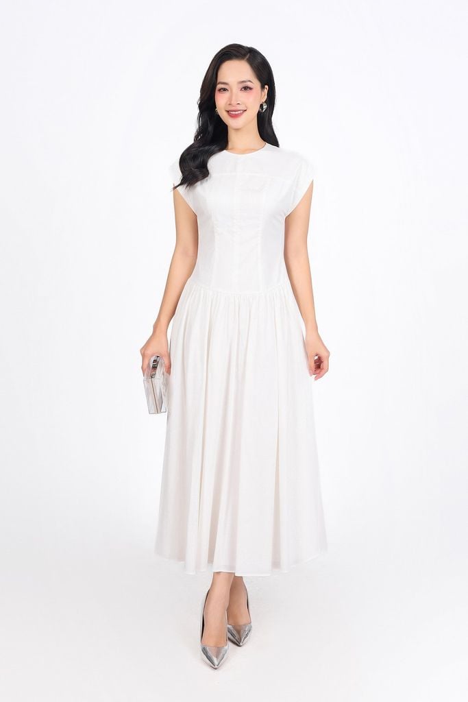 FDC35140 - Đầm công sở vải thô kate dáng A cổ tròn vai chờm thân váy xếp nhún tạo xoè khóa thân sau - PANTIO