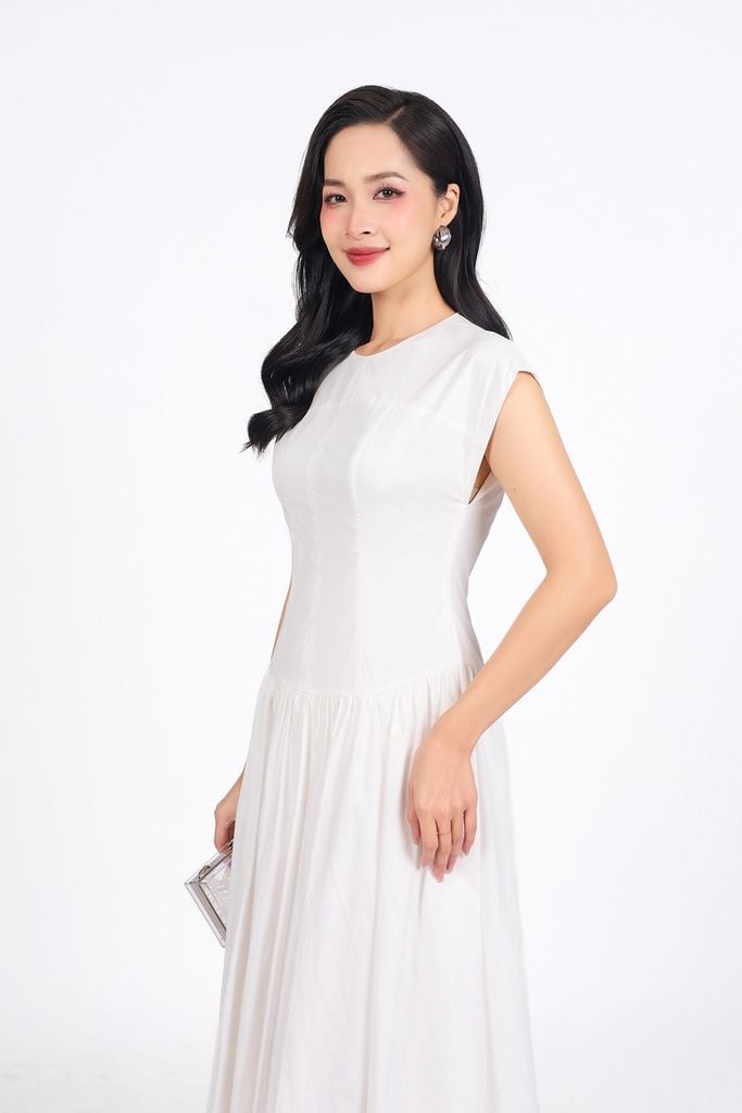 FDC35140 - Đầm công sở vải thô kate dáng A cổ tròn vai chờm thân váy xếp nhún tạo xoè khóa thân sau - PANTIO