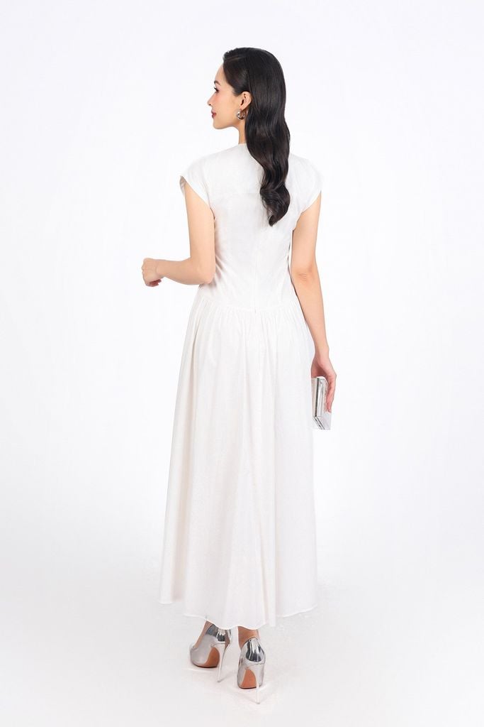FDC35140 - Đầm công sở vải thô kate dáng A cổ tròn vai chờm thân váy xếp nhún tạo xoè khóa thân sau - PANTIO