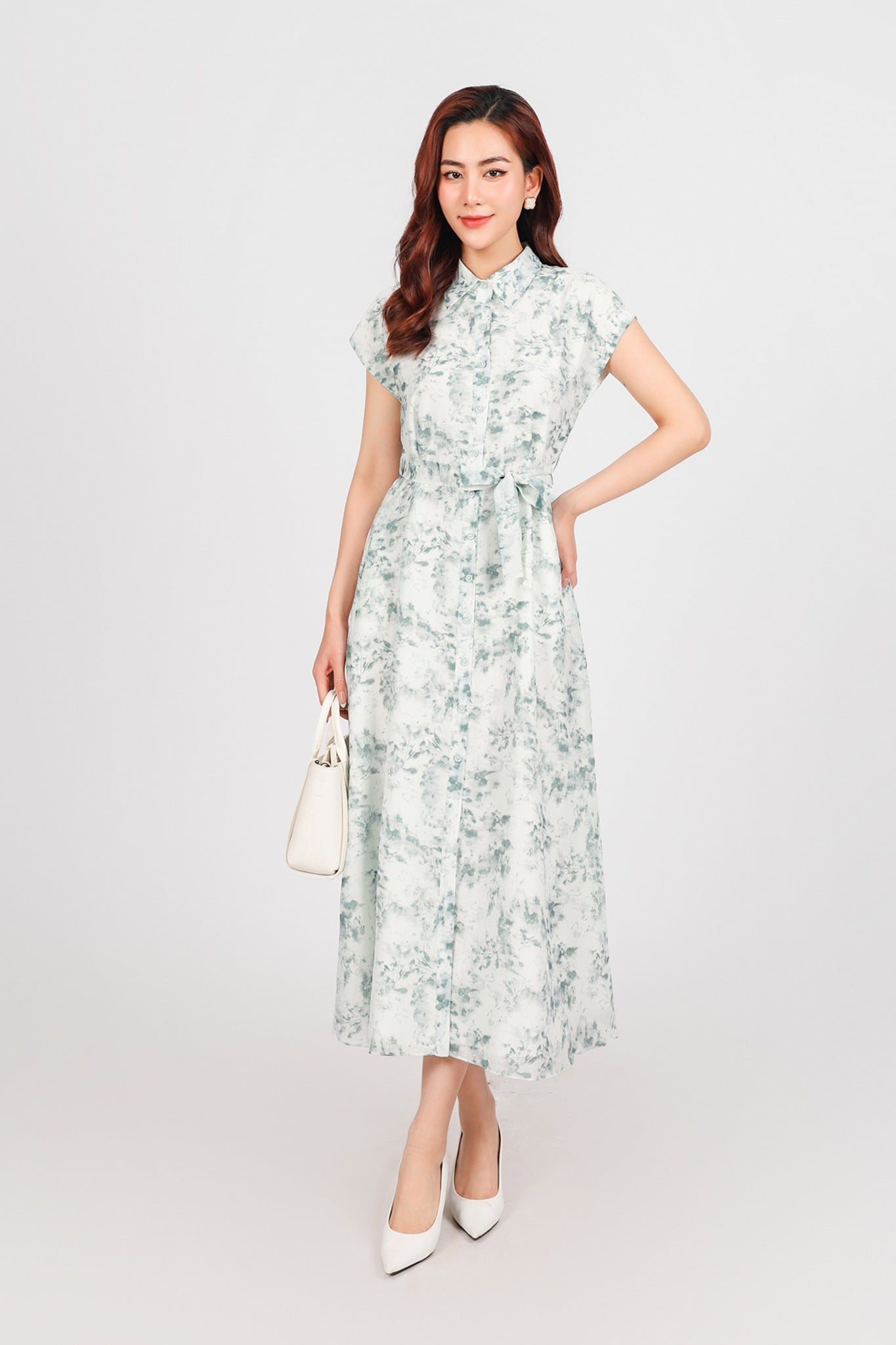 FDC35195 - Đầm công sở vải tơ hoa dáng suông cổ đức tay chờm eo phối dây thắt tạo kiểu cài khuy thân trước - PANTIO