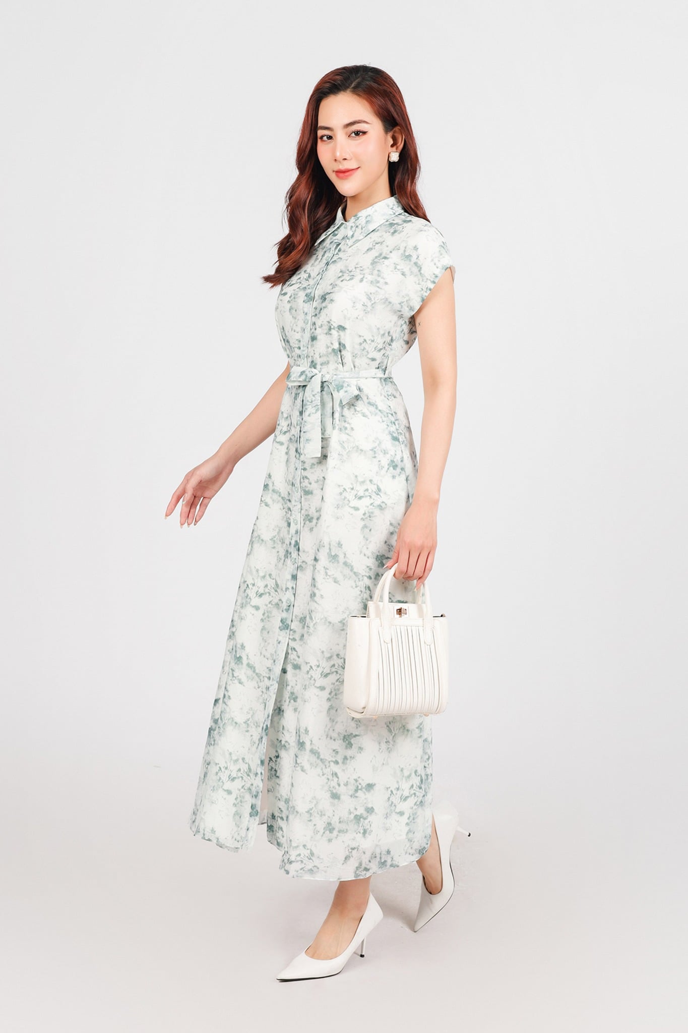 FDC35195 - Đầm công sở vải tơ hoa dáng suông cổ đức tay chờm eo phối dây thắt tạo kiểu cài khuy thân trước - PANTIO