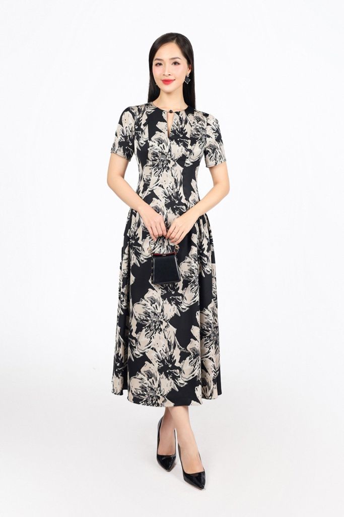 FDC35241 - Đầm công sở vải thô lụa dáng A cổ tròn tay bồng nhẹ thân váy xếp nhún hông tạo xoè khóa thân sau - PANTIO