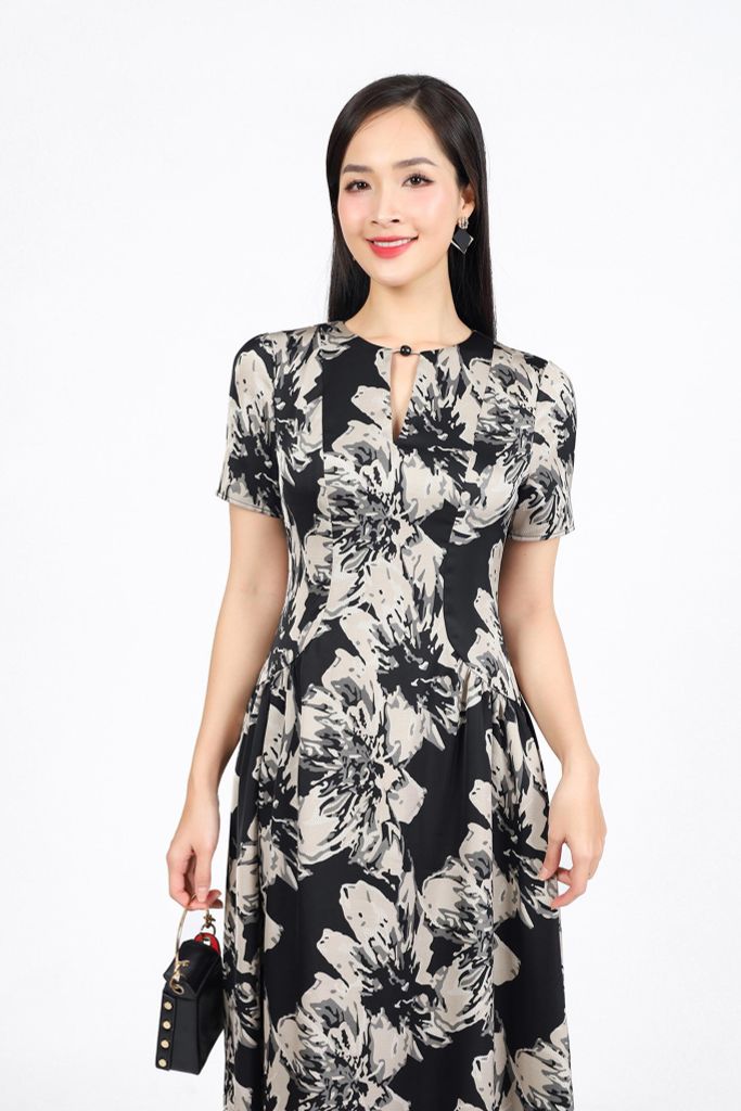 FDC35241 - Đầm công sở vải thô lụa dáng A cổ tròn tay bồng nhẹ thân váy xếp nhún hông tạo xoè khóa thân sau - PANTIO