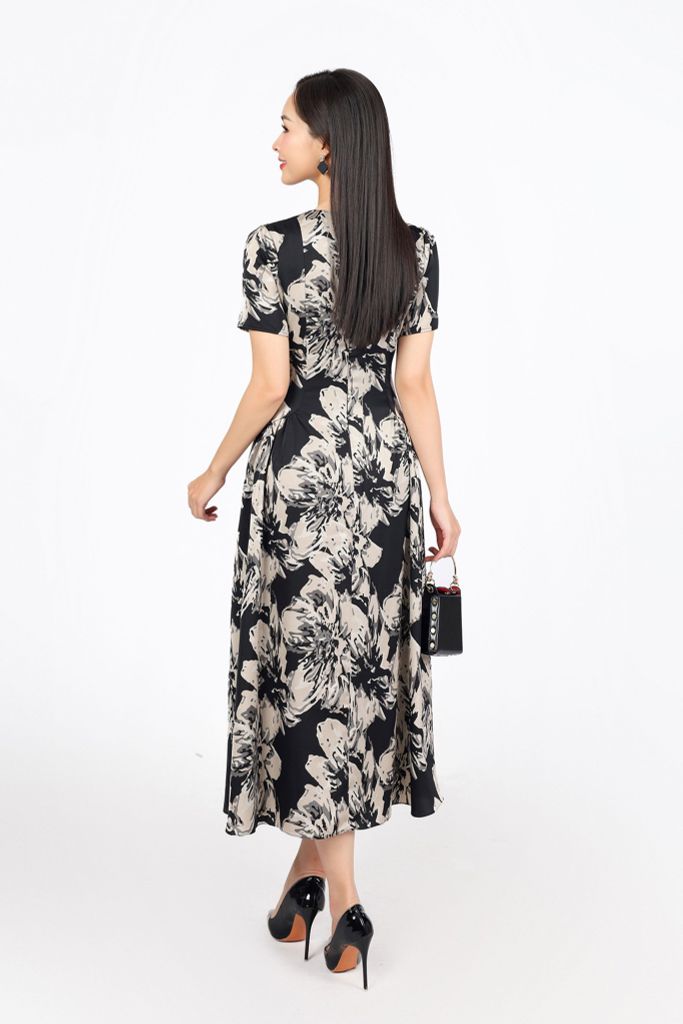 FDC35241 - Đầm công sở vải thô lụa dáng A cổ tròn tay bồng nhẹ thân váy xếp nhún hông tạo xoè khóa thân sau - PANTIO