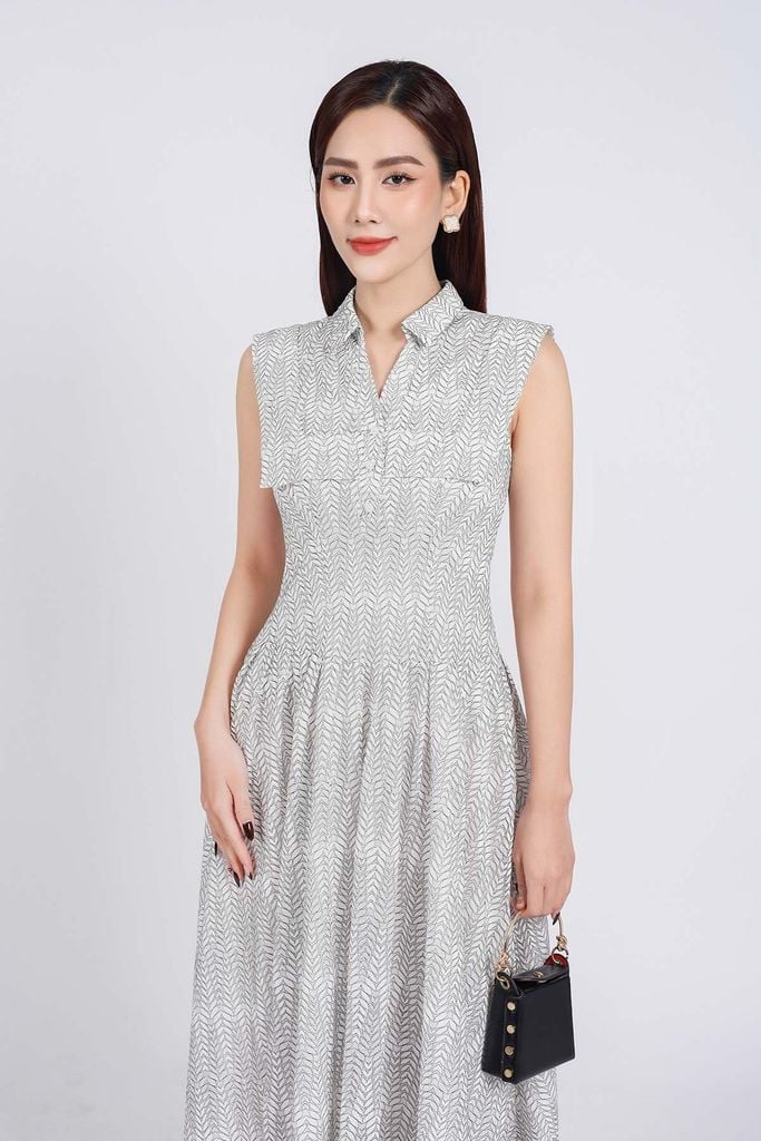 FDC35248 - Đầm công sở vải ren hoạ tiết dáng suông cổ đức xẻ V tay chờm eo váy xếp nhún tạo xoè - PANTIO
