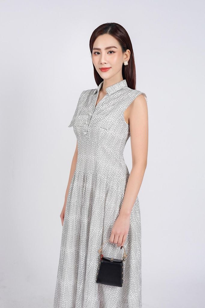 FDC35248 - Đầm công sở vải ren hoạ tiết dáng suông cổ đức xẻ V tay chờm eo váy xếp nhún tạo xoè - PANTIO