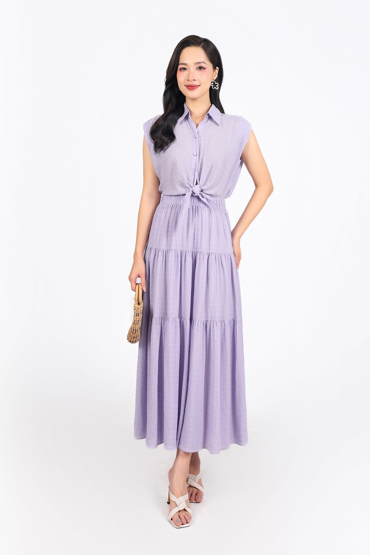 FDC35275 - Đầm công sở vải chiffon xốp cổ đức vai chờm eo phối vạt thắt nơ tạo kiểu thân váy xếp tầng cài khuy trước - PANTIO