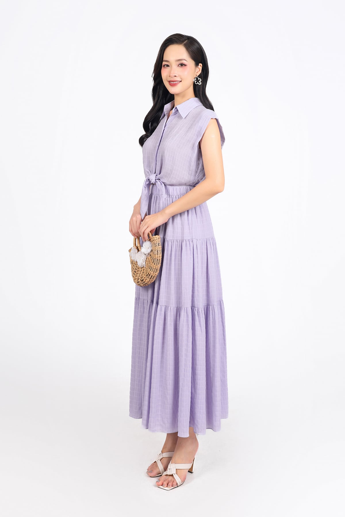 FDC35275 - Đầm công sở vải chiffon xốp cổ đức vai chờm eo phối vạt thắt nơ tạo kiểu thân váy xếp tầng cài khuy trước - PANTIO