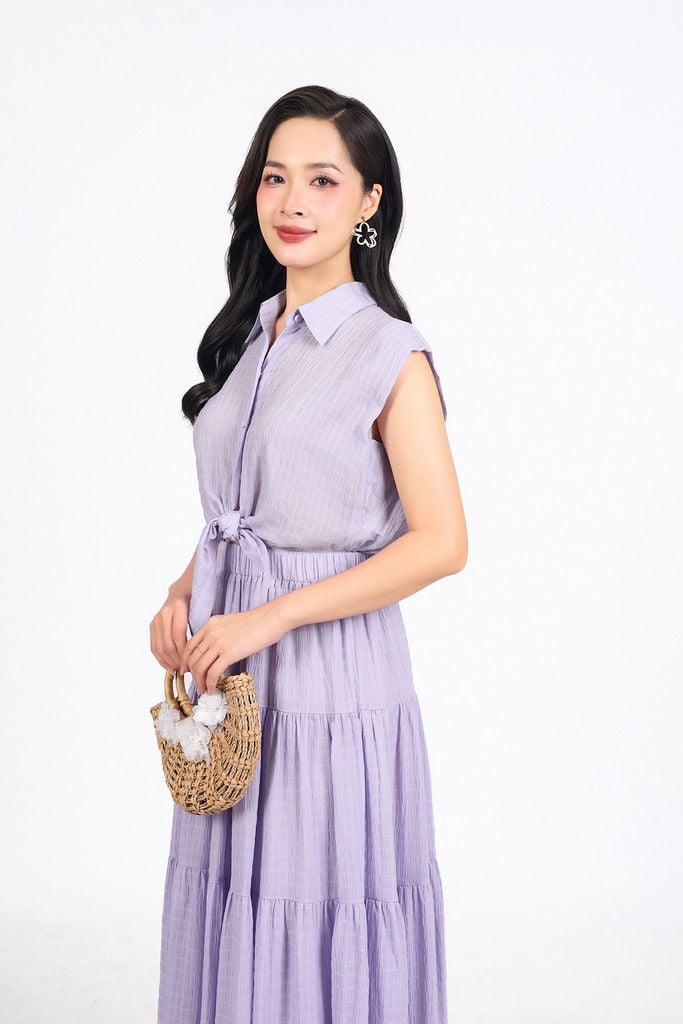 FDC35275 - Đầm công sở vải chiffon xốp cổ đức vai chờm eo phối vạt thắt nơ tạo kiểu thân váy xếp tầng cài khuy trước - PANTIO