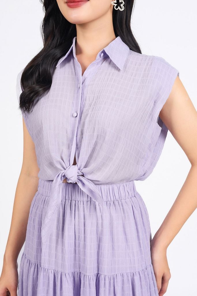 FDC35275 - Đầm công sở vải chiffon xốp cổ đức vai chờm eo phối vạt thắt nơ tạo kiểu thân váy xếp tầng cài khuy trước - PANTIO
