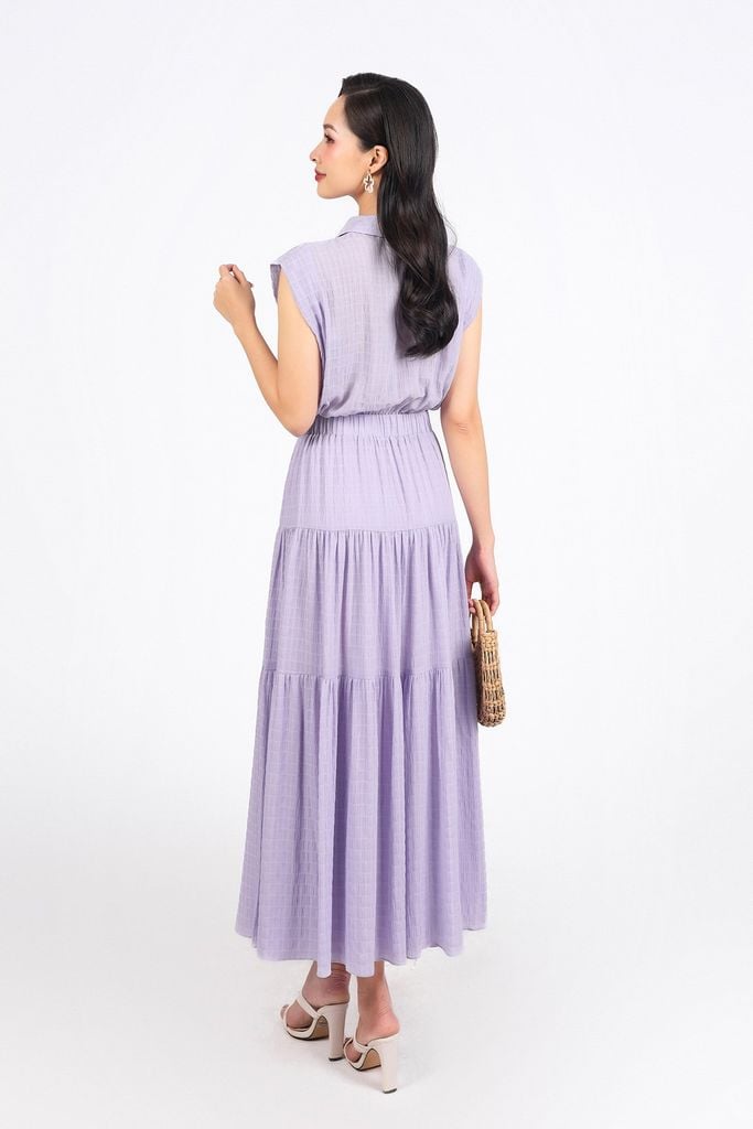 FDC35275 - Đầm công sở vải chiffon xốp cổ đức vai chờm eo phối vạt thắt nơ tạo kiểu thân váy xếp tầng cài khuy trước - PANTIO