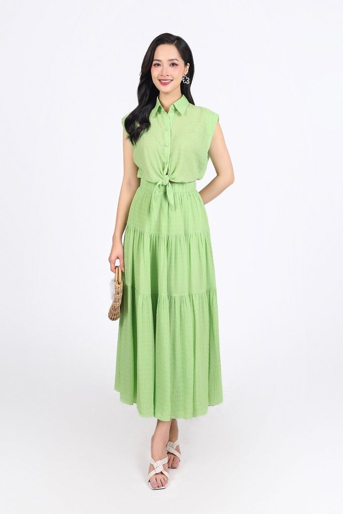 FDC35275 - Đầm công sở vải chiffon xốp cổ đức vai chờm eo phối vạt thắt nơ tạo kiểu thân váy xếp tầng cài khuy trước - PANTIO