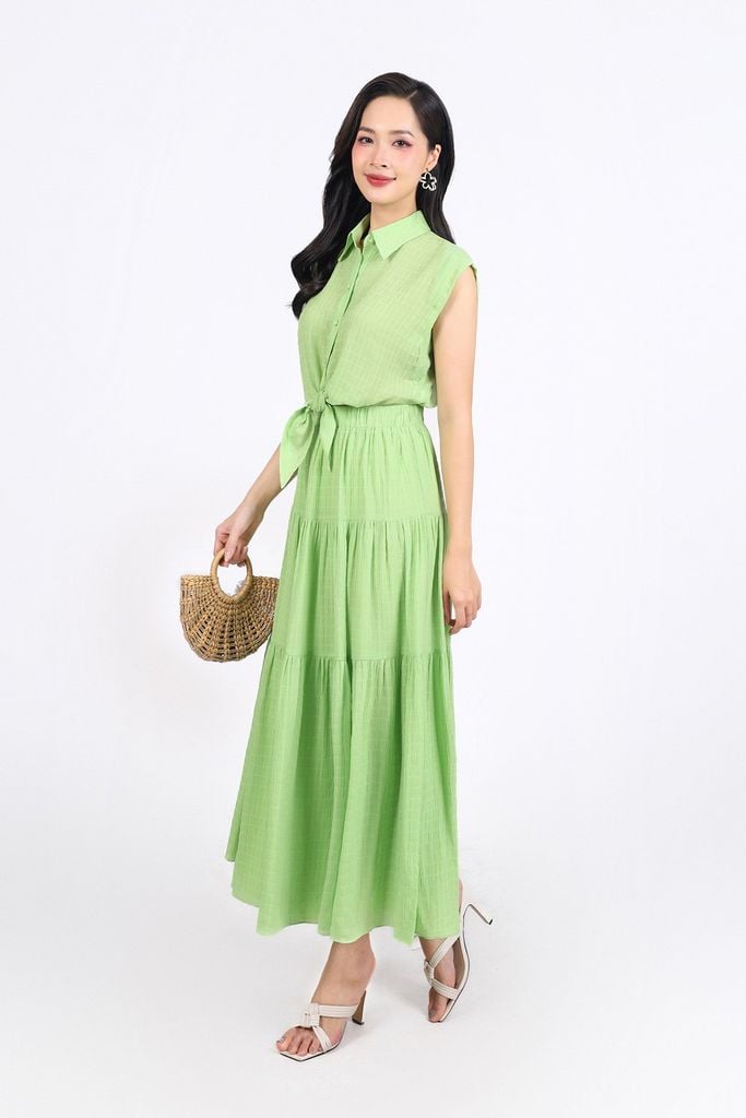 FDC35275 - Đầm công sở vải chiffon xốp cổ đức vai chờm eo phối vạt thắt nơ tạo kiểu thân váy xếp tầng cài khuy trước - PANTIO
