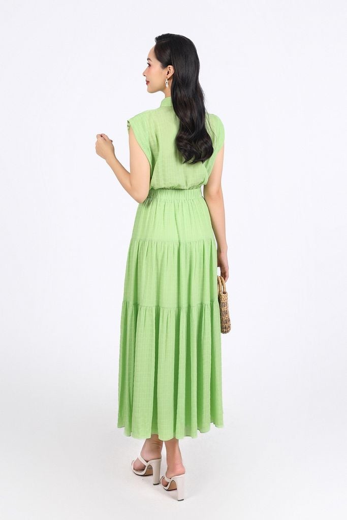 FDC35275 - Đầm công sở vải chiffon xốp cổ đức vai chờm eo phối vạt thắt nơ tạo kiểu thân váy xếp tầng cài khuy trước - PANTIO