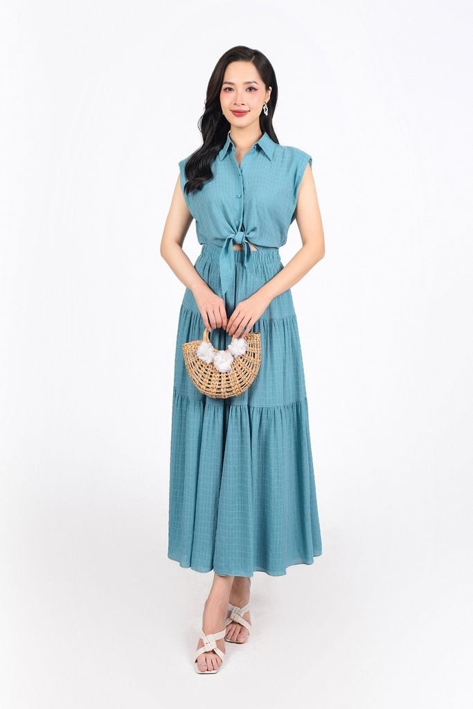 FDC35275 - Đầm công sở vải chiffon xốp cổ đức vai chờm eo phối vạt thắt nơ tạo kiểu thân váy xếp tầng cài khuy trước - PANTIO