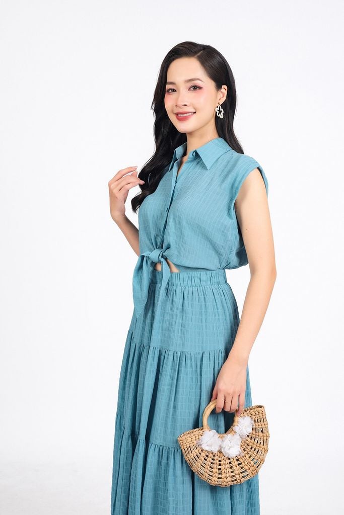 FDC35275 - Đầm công sở vải chiffon xốp cổ đức vai chờm eo phối vạt thắt nơ tạo kiểu thân váy xếp tầng cài khuy trước - PANTIO