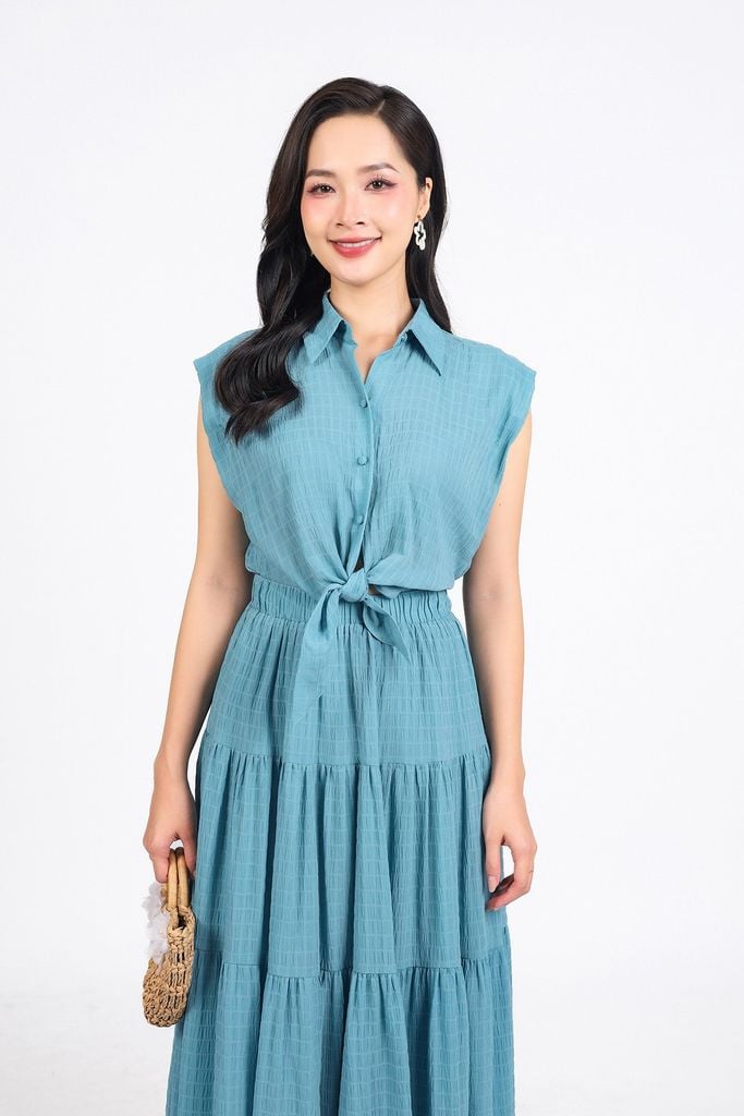 FDC35275 - Đầm công sở vải chiffon xốp cổ đức vai chờm eo phối vạt thắt nơ tạo kiểu thân váy xếp tầng cài khuy trước - PANTIO