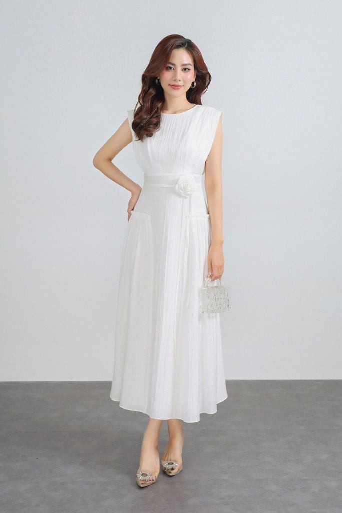 FDC35286 - Đầm công sở vải tơ cổ tròn vai chờm hông xếp nhún tạo kiểu eo phối dây đai hoa - PANTIO