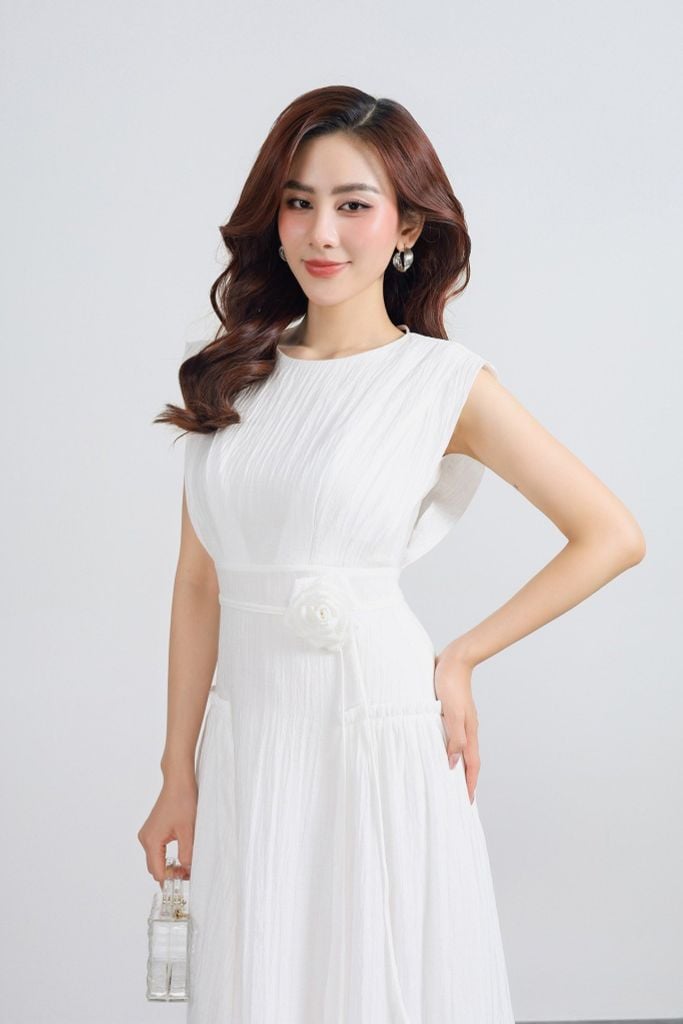 FDC35286 - Đầm công sở vải tơ cổ tròn vai chờm hông xếp nhún tạo kiểu eo phối dây đai hoa - PANTIO