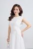 FDC35286 - Đầm công sở vải tơ cổ tròn vai chờm hông xếp nhún tạo kiểu eo phối dây đai hoa - PANTIO