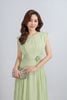 FDC35286 - Đầm công sở vải tơ cổ tròn vai chờm hông xếp nhún tạo kiểu eo phối dây đai hoa - PANTIO