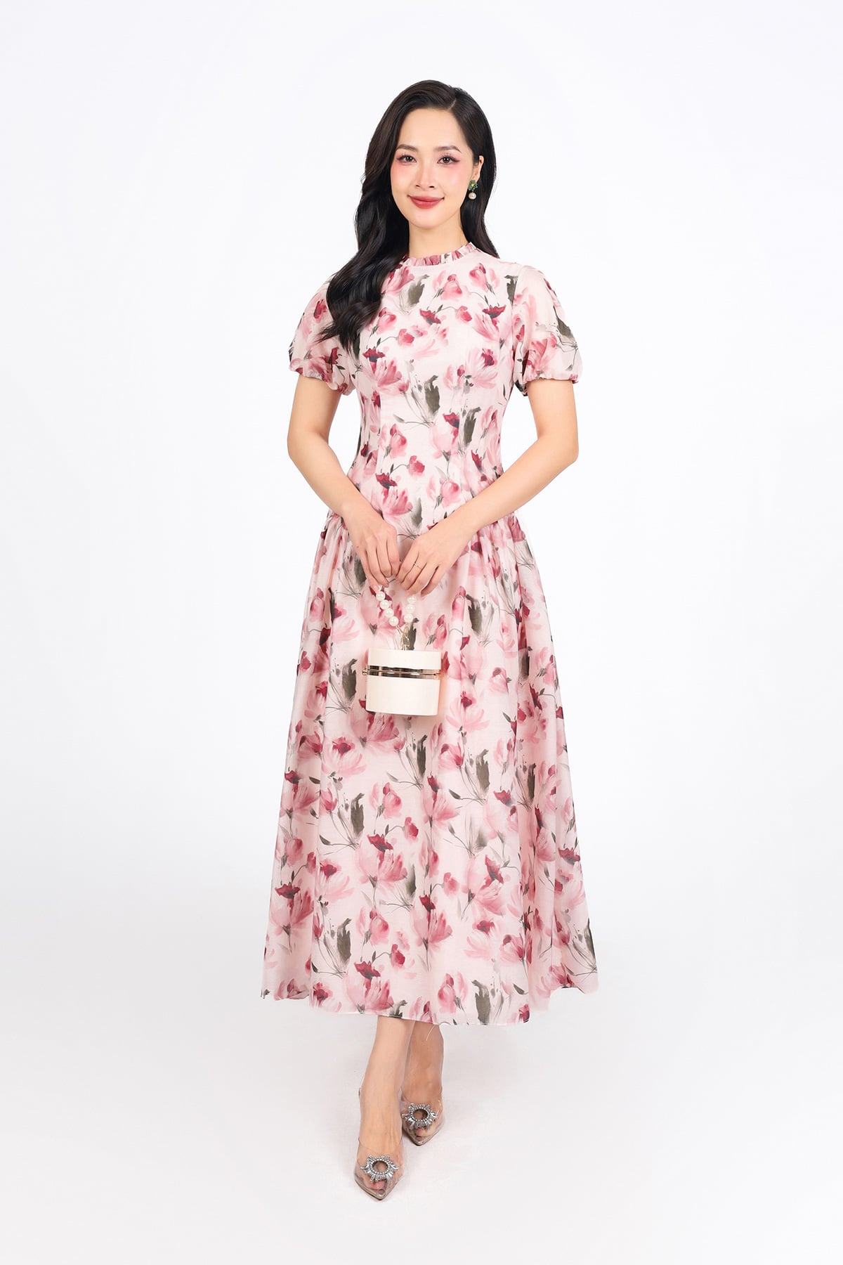 FDC35288 - Đầm công sở vải tơ hoa dáng A cổ tròn tay bồng nhẹ thân váy xếp ly bung tạo xoè khoá thân sau - PANTIO