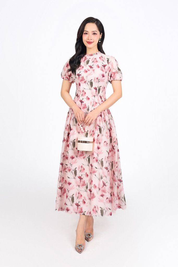 FDC35288 - Đầm công sở vải tơ hoa dáng A cổ tròn tay bồng nhẹ thân váy xếp ly bung tạo xoè khoá thân sau - PANTIO