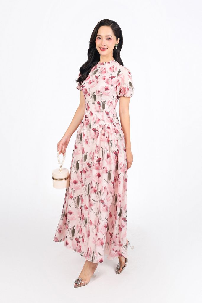 FDC35288 - Đầm công sở vải tơ hoa dáng A cổ tròn tay bồng nhẹ thân váy xếp ly bung tạo xoè khoá thân sau - PANTIO