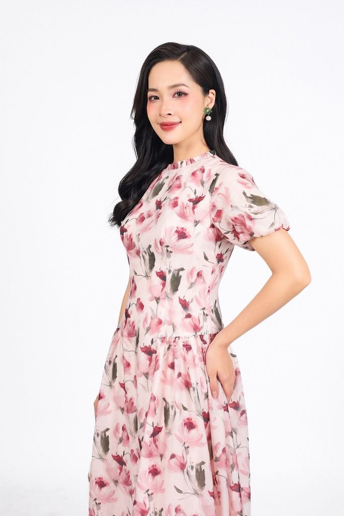 FDC35288 - Đầm công sở vải tơ hoa dáng A cổ tròn tay bồng nhẹ thân váy xếp ly bung tạo xoè khoá thân sau - PANTIO