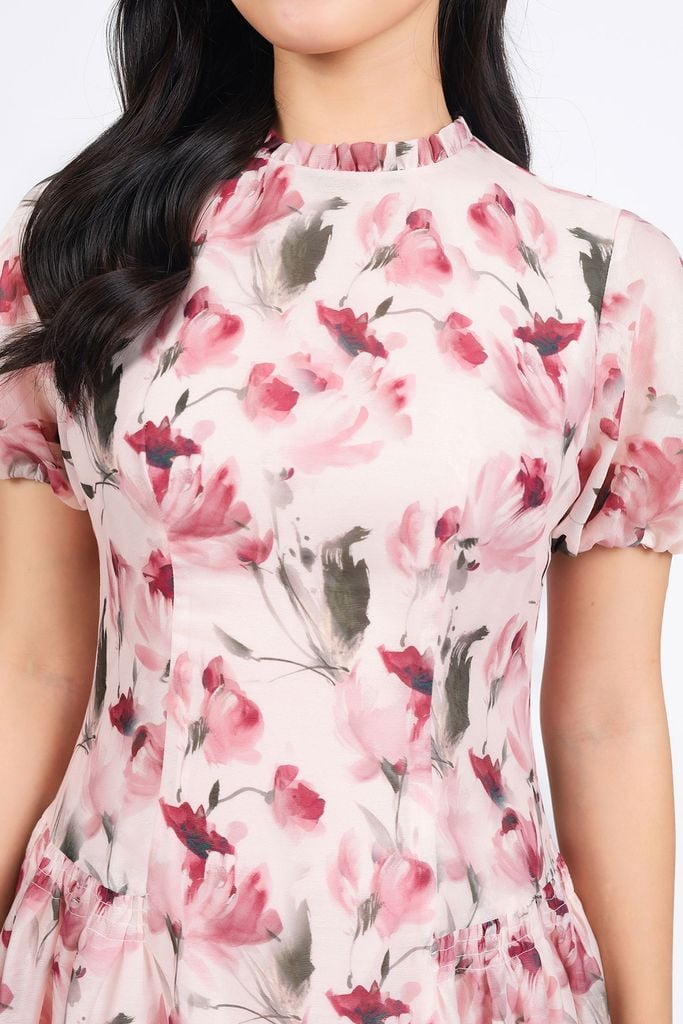 FDC35288 - Đầm công sở vải tơ hoa dáng A cổ tròn tay bồng nhẹ thân váy xếp ly bung tạo xoè khoá thân sau - PANTIO