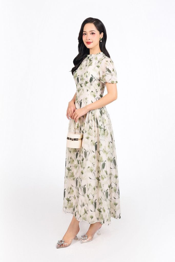 FDC35288 - Đầm công sở vải tơ hoa dáng A cổ tròn tay bồng nhẹ thân váy xếp ly bung tạo xoè khoá thân sau - PANTIO